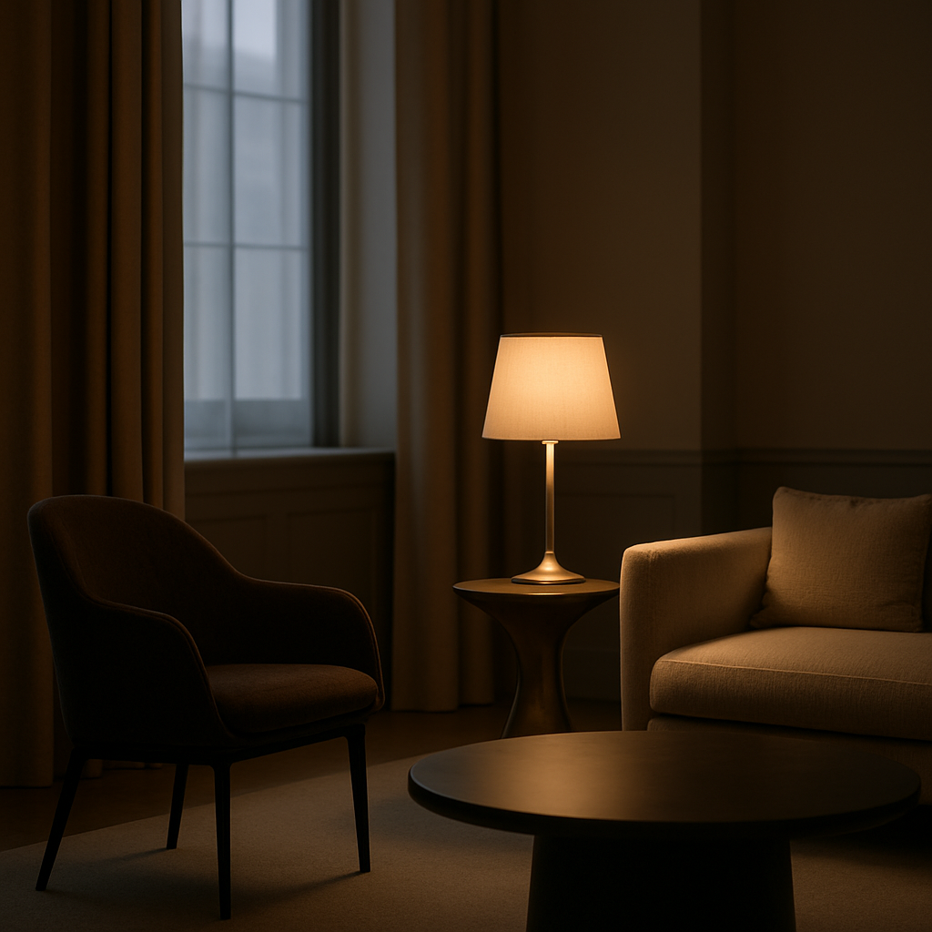 A calm, refined private office lounge in warm light
